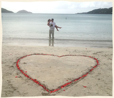 Rose petal heart in the sand. Virgin Islands Wedding.