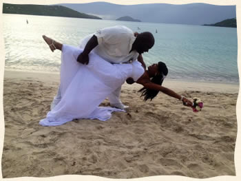 Couple walking Magens Beach after Vow Renewal