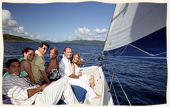 Wedding party under sail Caribbean Sea.